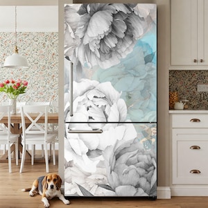 Soft Blue Floral Fridge Decal Peel and Stick, Peony Flower Refrigerator Wrap Vintage Style Vinyl Sticker for Kitchen Refresh Cover Removable