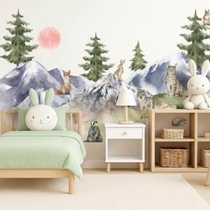 Woodland Aquarell Wandaufkleber Gebirge, Set von Waldtieren und Kiefernwald Kinderzimmer Junge oder Mädchen, Aufkleber Vinyl Dekor Kinderzimmer Z835