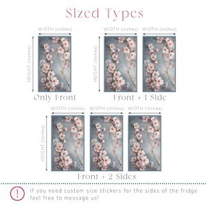 May include: Diagram showing different sized fridge sticker options. The image features floral artwork with pink blossoms on a blue-grey background. Text indicates "Only Front", "Front + 1 Side", and "Front + 2 Sides" options, with width and height measurements in inches.