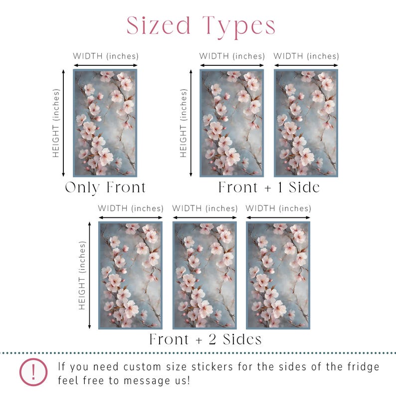 May include: Diagram showing different sized fridge sticker options. The image features floral artwork with pink blossoms on a blue-grey background. Text indicates "Only Front", "Front + 1 Side", and "Front + 2 Sides" options, with width and height measurements in inches.