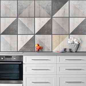 Set OF 12 Tiles Wall Stickers Geometric Wood Carrelage Adhésif, Fliesenaufkleber, Stair Stickers, Stair Riser, Modern Tile Wall Decals  Z701