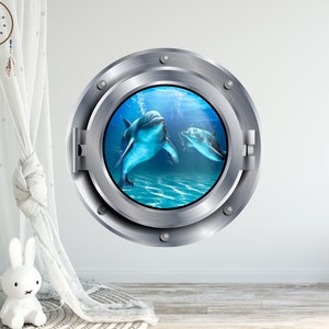 Cute Dolphin Porthole Wall Decal, Porthole Window Wall Decor, Nautical Nursery Wall Sticker, 3D Porthole Frame Decals, Kids Portscape Z132
