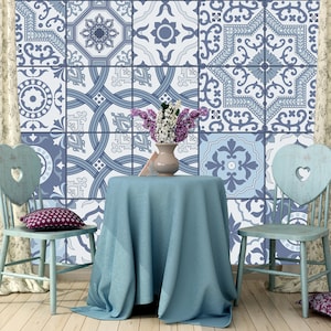 Set OF 12 Blue Tiles Wall Stickers Vinyl, Traditonal Mexican Tile Decals Peel & Stick, Tiles Stickers Removable, Kitchen Bathroom Decal Z443