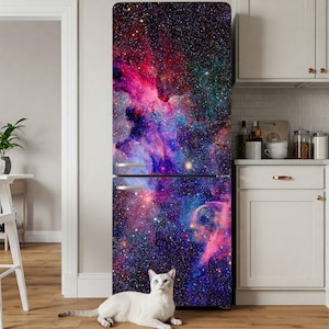 Space Galaxy sticker koelkastomslag, regenboog universum muur koelkaststickers Peel Stick, zelfklevende sticker koelkastomslag, modern keukendecor