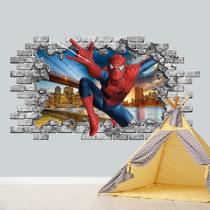 Wandtattoo Spider-Man New York Bridge Smashing Wanddekor Kinderzimmer Comics 3D Fenster Aufkleber Junge Zimmer wanddekor Spiderman Print 3D Poster Kid Z402