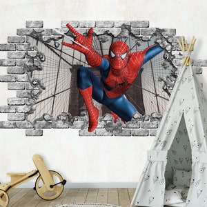 3D SpiderMan Wall Decal. New York Bridge. Smashed Wall Decor. Comics decal Nursery. Superhero wall decor Spiderman print 3D Poster Kids Z403