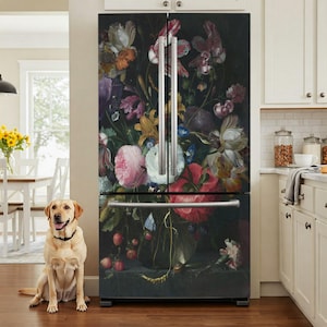 Donkere bloemen koelkast sticker peel and stick, zwarte retro bloem koelkast wrap, olieverf vinyl sticker voor keuken vernieuwen hoes verwijderbaar