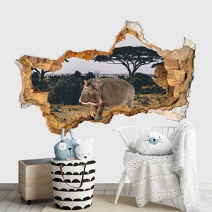 Hippo Wall Decal 3D Safari Animals for Nursery Hole in wall sticker Hippo Wall Decor Vinyl Decal Removable 3D Wall Sticker Poster Kids Z268