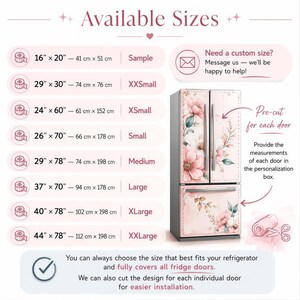 The image is a visual guide for refrigerator sizes, providing a range of available sizes and corresponding measurements. It includes a sample size and a custom size, along with a pre-cut door for each size. The guide also mentions that the refrigerator can be personalized to fit any door size. The image is a collage of several images, and the text is concise and clear, avoiding redundancy and focusing on the relevant information.