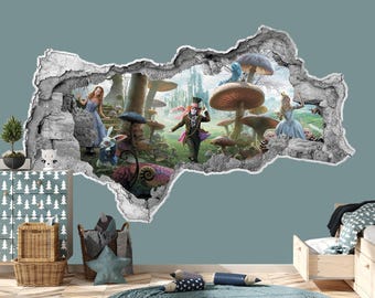 Alice in Wonderland Adventure Nursery Decor. 3d Wall Decal Mad Hatter. Alice Wonderland Vinyl Sticker Hole in wall Decal for Play Room  Z778