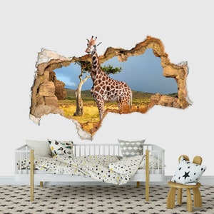 Giraffe 3D Wandtattoo Safari Tiere. Hole in Wand Vinyl Sticker Giraffe. 3D Wand-Dekor. Abgebrochene Wand Wieder ablösbar. 3d Druck Kinder Poster Z267
