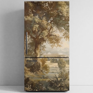 May include: A tall, two-door refrigerator featuring a full-length wrap-around print of a sepia-toned landscape painting. The design depicts a large, detailed tree in the foreground with a sprawling rural valley, distant hills, and foliage.