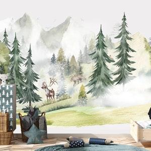Pine Tree Forest Nursery Mural for Boy or Girl, Unisex Woodland Watercolor Wall Decal Mountain, Sticker Vinyl Decoration Kids Play Room Z805