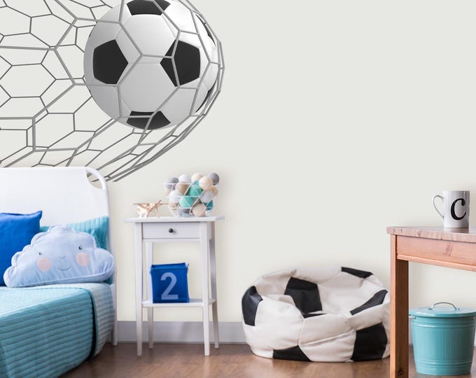 3D Soccer Ball Wall Decal Nursery, Football Sticker Hitting the Net Kids Boys Bedroom Sports Wall Decor Removable Teen Sticker Playroom Z903