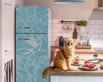 Fridge Wrap Sticker: Soft Blue Peony Floral - Removable Vinyl