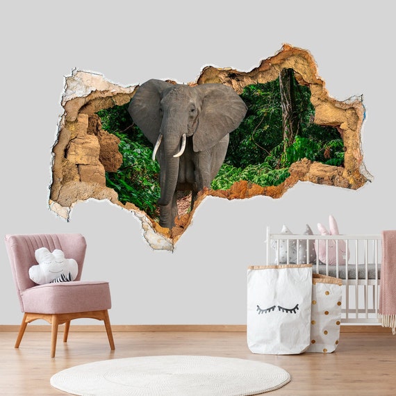 Elephant Wall Decal Gat in de muur Decor Safari Dieren Muur Decal