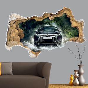 Naklejka ścienna na samochód Mitsubishi. Otwór w ścianie 3D Dekoracja ścienna Naklejka na samochód sportowy. Naklejka ścienna dla chłopców Zdejmowana. 3D Mural Vinyl Art 3D Plakat dla dzieci Z190