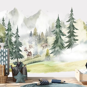 Pinienwald Kinderzimmer Wandbild für Jungen oder Mädchen, Unisex Wald Aquarell Wandtattoo Berge, Aufkleber Vinyl Dekoration Kinderzimmer Spielzimmer Z805