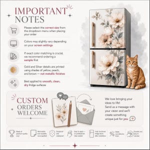 The image is a detailed guide to ordering custom refrigerator designs, featuring a refrigerator with a floral design and a cat illustration. The guide provides instructions on selecting the correct size, colors, and finishes for a custom design, as well as the benefits of ordering a sample first. The guide also mentions the option to send a message to the designer to create a unique design for the customer.