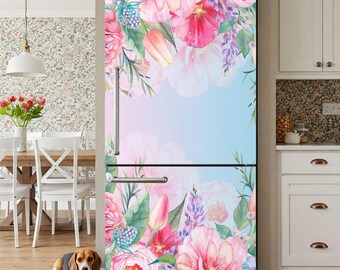 Sticker pour frigo pour cuisine, fleurs roses aquarelles (film amovible en vinyle)