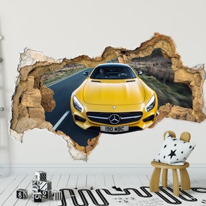 Naklejka ścienna Mercedes Samochód wyścigowy. Dekoracja ścienna Samochód sportowy. 3D Głębia Iluzja Otwór Winylowa Naklejka Ścienna Zdejmowana Naklejka Ścienna Plakat Naklejka Dzieci Z188