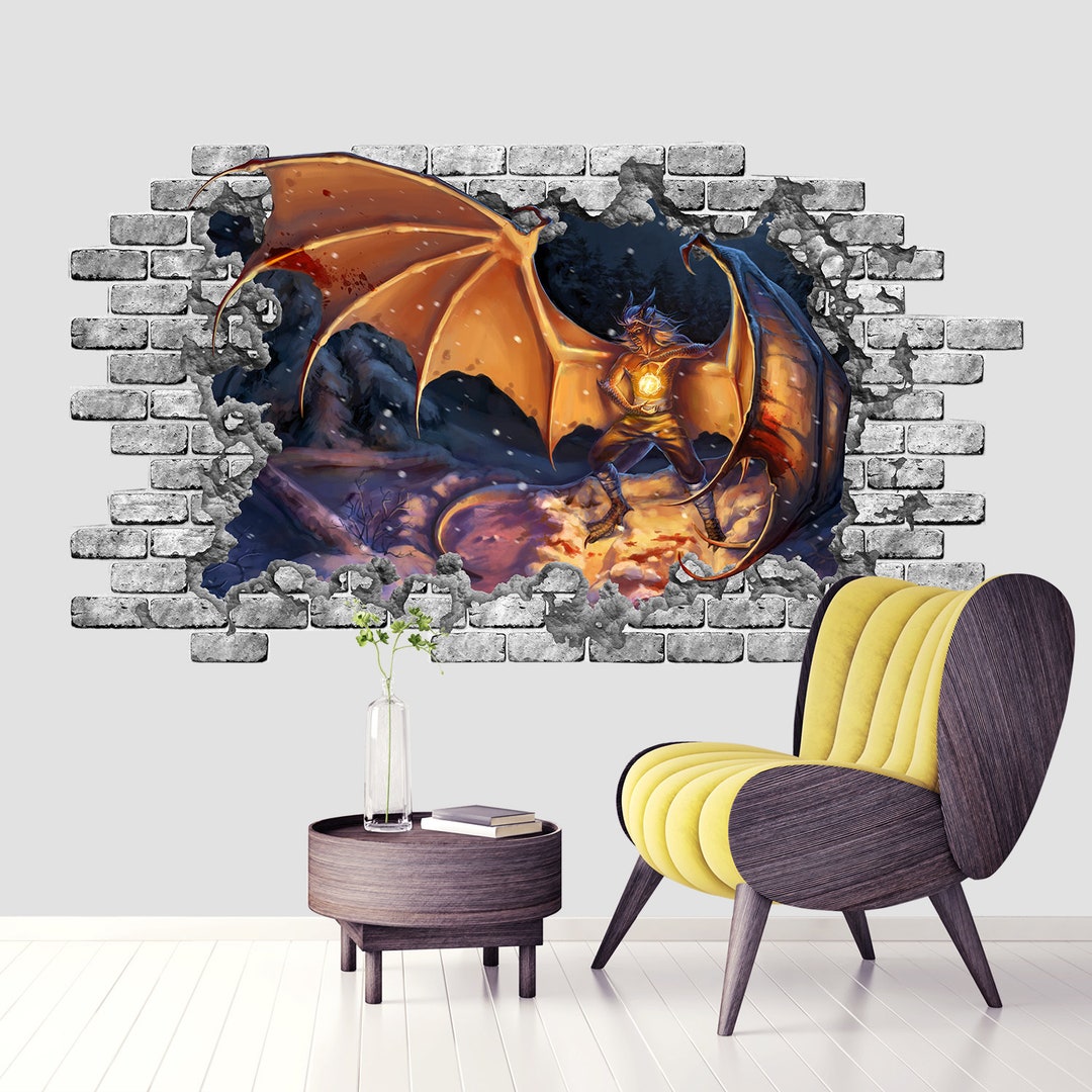Fantasy Art. 3D Wall Decal Dark Elf. Hole in Wall Vinyl Sticker Dragon ...