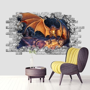 Fantasy Art. 3D Wall Decal Dark Elf. Hole in Wall Vinyl Sticker Dragon. 3d Wall Decor. Broken Wall Removable. 3d Printing Poster Kids Z432