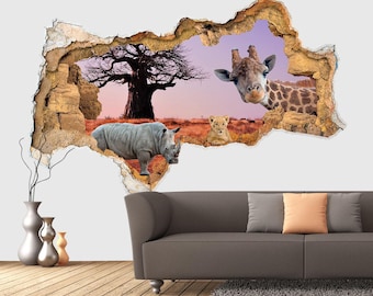 Wall Decal Safari 3D Animals Giraffe Hole in wall sticker Hippo Wall Decor Nursery 3D Vinyl Decal Removable 3D Wall Sticker Poster Kids Z261