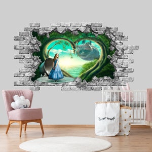 Wunderland Wandtattoo. Alice im Wunderland Print für Mädchen-Kinderzimmer. Loch im Wandtattoo Abnehmbar. 3d Druck Alice Wandaufkleber Vinyl Z303