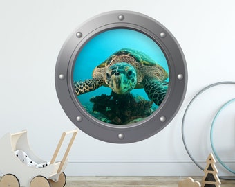 Turtle Nautical Wall Decals Nursery Room. Porthole Window Wall Decor. Ocean Life Mural. Marine Life Decals, Turtle Sticker, Portscape  Z127