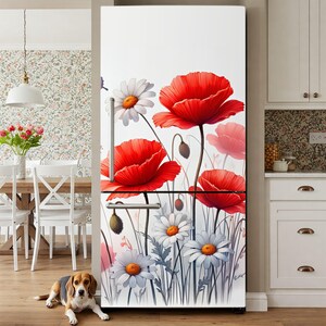 May include: A white refrigerator with a vibrant floral design featuring large red poppies and white daisies. The flowers are set against a white background, creating a striking contrast. The design adds a touch of nature to the kitchen.