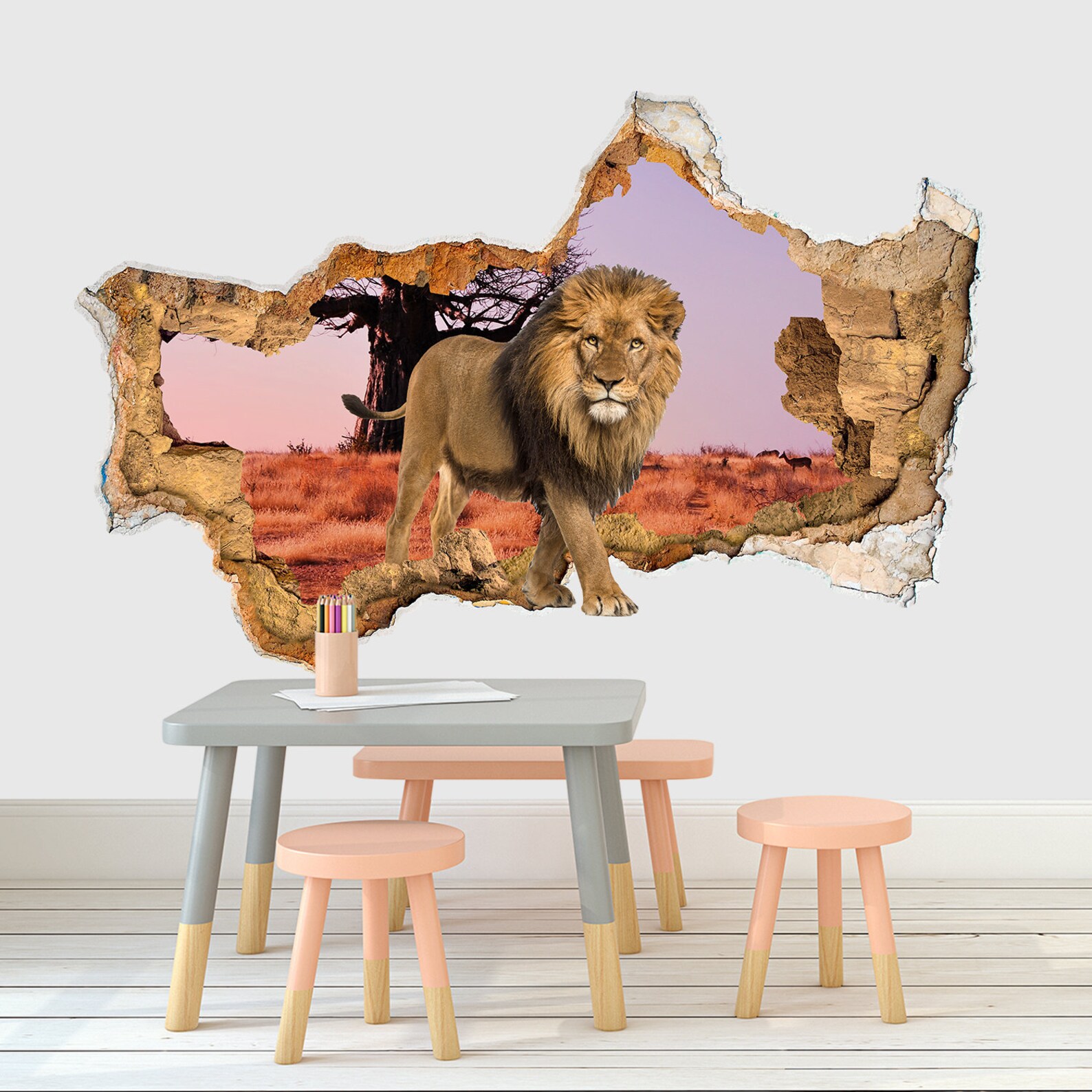 Lion Wall Decal 3D Safari Animals for Kids Hole in Wall Sticker Lion ...