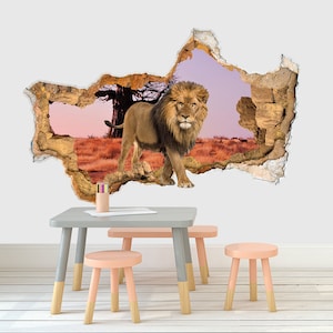 Lion Wall Decal 3D Safari Animals for Kids Hole in wall sticker Lion Wall Decor Vinyl Decal Removable 3D Wall Sticker Poster Nursery Z269