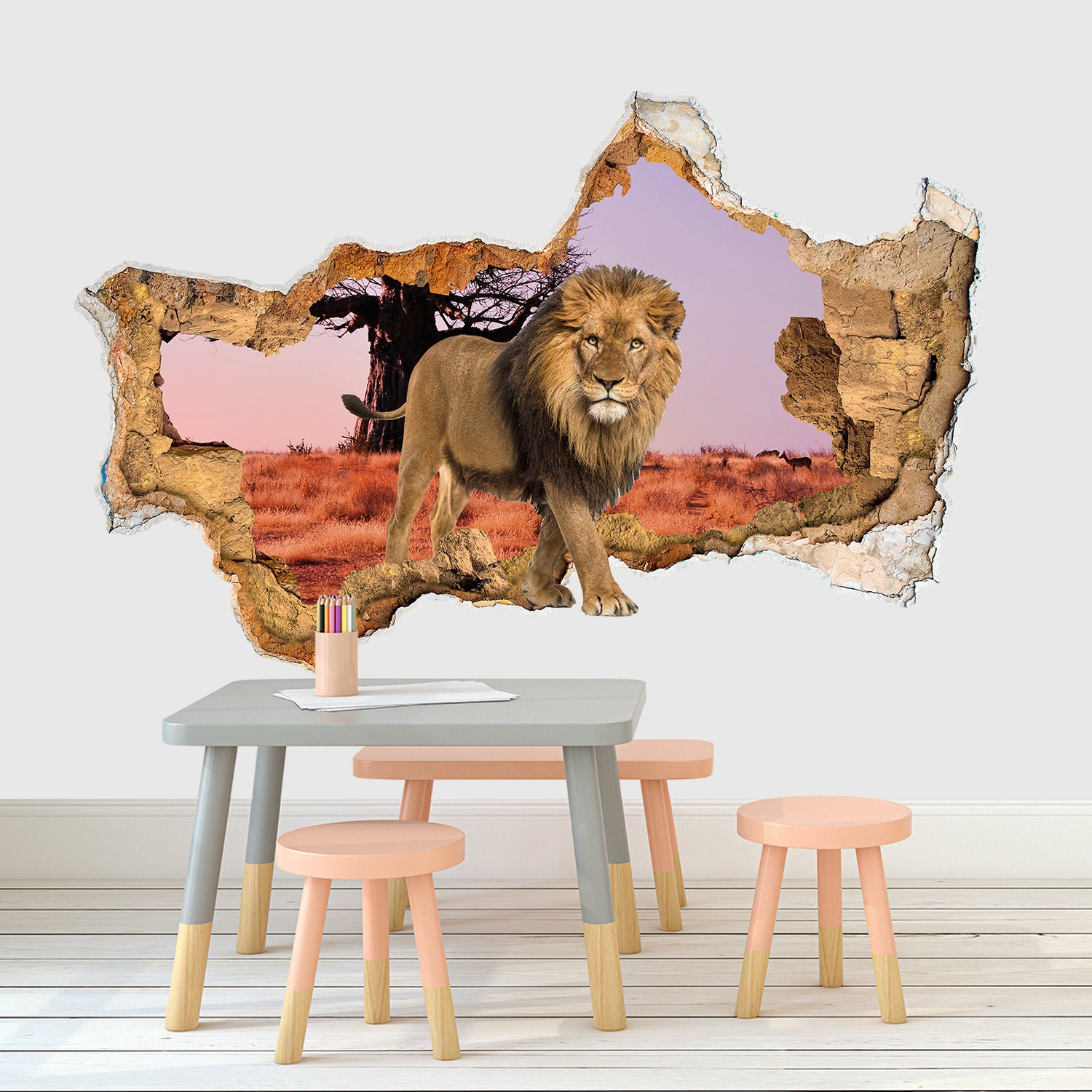 Lion Wall Decal 3D Safari Animals for Kids Hole in Wall Sticker Lion ...