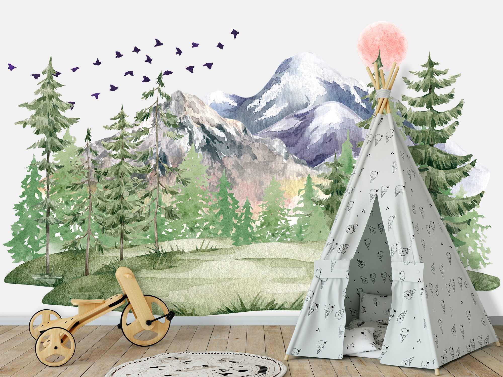 Pine Forest and Mountain Peaks Nursery Sticker for Boy or Girl,  Woodland Watercolor Wall Decal, Vinyl Decoration Kids Play Room Mural Z814