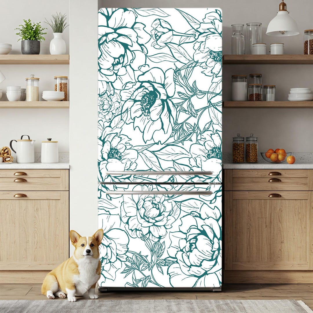 Green Peony Flowers Fridge Decal Peel and Stick, Outline Floral ...