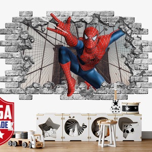 3D SpiderMan Wall Decal New York Bridge Boy Room. Smashed Wall Decor Nursery. SuperHero Comics sticker Spiderman print. 3D Poster Kids Z403