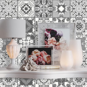 Set OF 12 Wall Stickers. Grey Traditonal Mexican Tiles. Tile Stickers Peel & Stick. Tiles Decal Removable Kitchen Bathroom Decal Vinyl Z714