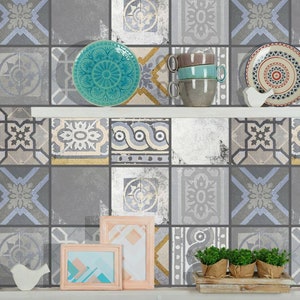 Set OF 12 Tiles Grey Spanish Wall Stickers Vinyl, Traditonal Mexican Tile Decals Peel & Stick, Tiles Stickers Kitchen Bathroom Decal Z700