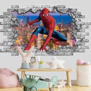 SpiderMan Wall Decal for Boy Boom, SuperHero Smashed Wall Sticker Nursery, Comics Wall Decor Playroom, Spiderman print 3D Poster Kids Z401