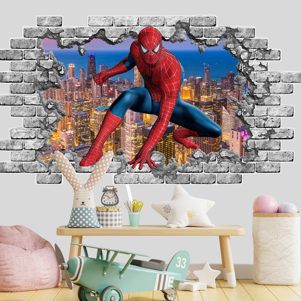 Calcomanía de pared de SpiderMan para Boy Boom, vivero de pegatinas de pared de superhéroe destrozado, sala de juegos de decoración de pared de cómics, póster 3D con impresión de Spiderman para niños Z401