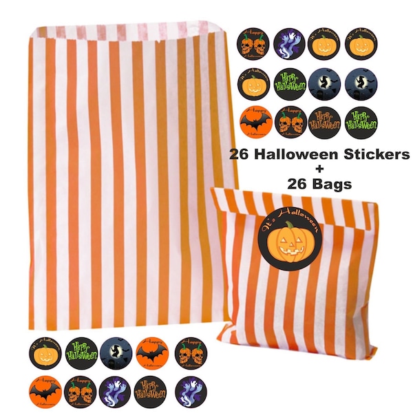 26 Happy Halloween Orange Striped Bags & 26 Stickers for Trick Or Treat Party