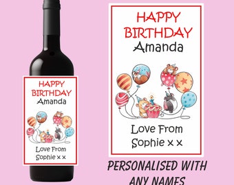 2 personalised Happy Birthday wine bottle labels, Any Names Added Balloon Design