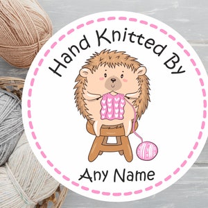 39 Personalised Hand knitted By ANY NAME  Stickers Hedgehog  Knitting Design any name added, great for knitters, crafters, gift tags, label