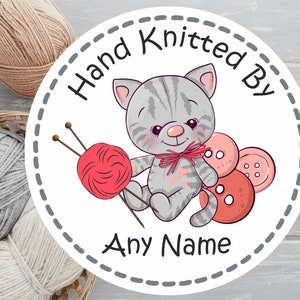 39 Personalised Hand knitted By ANY NAME  Sticker Cat  Knitting Design any name added, great for knitters, crafters, gift tags, label