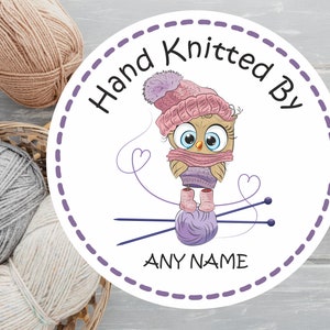 39 Personalised Hand knitted By ANY NAME  Stickers Owl Knitting Design and name can be added, great for knitters, crafters, gift tags, label