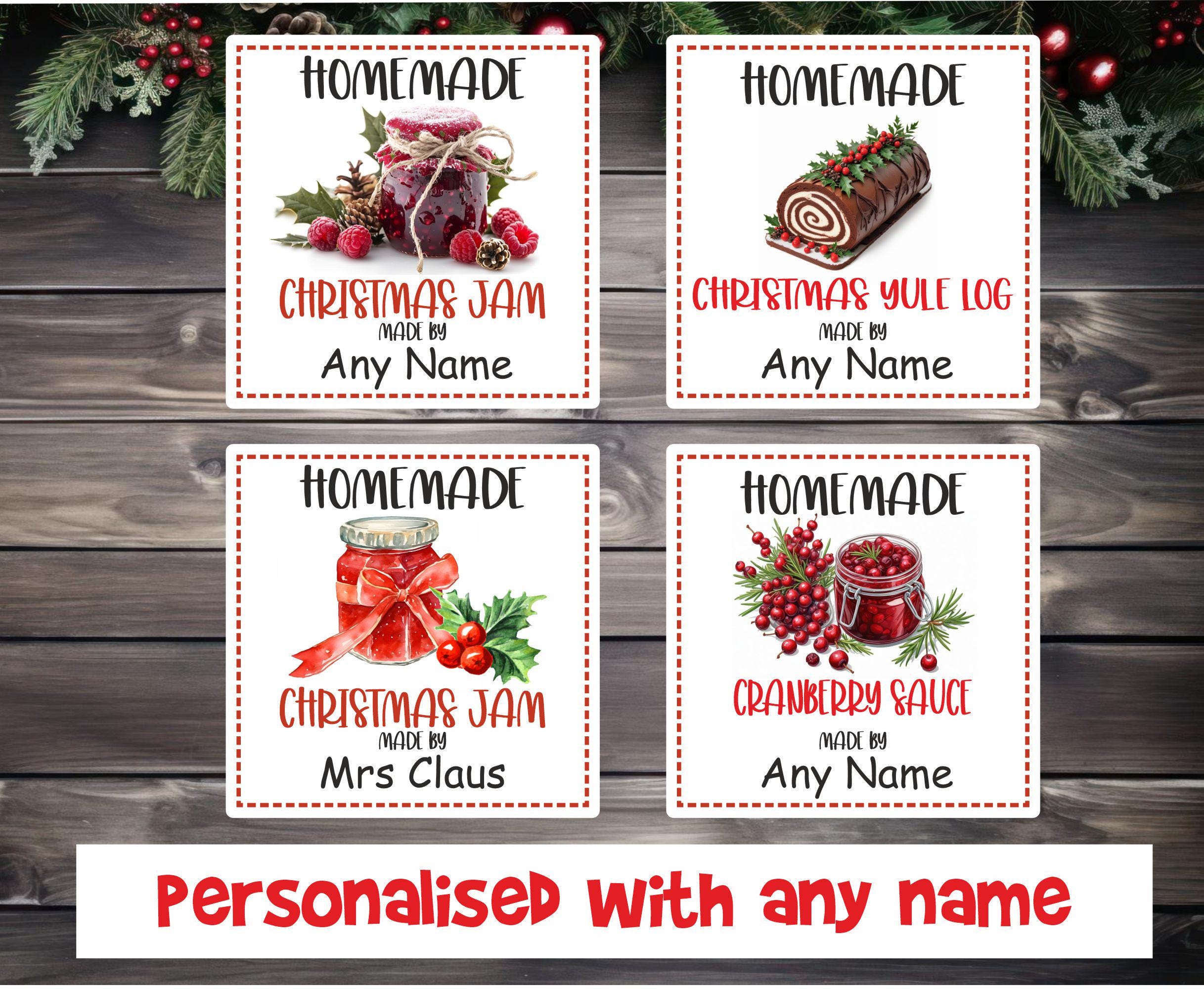 39 personalised christmas jam jar, yule log, cranberry sauce