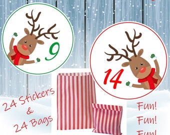24 Reindeer Advent Stickers & 24 red striped bags