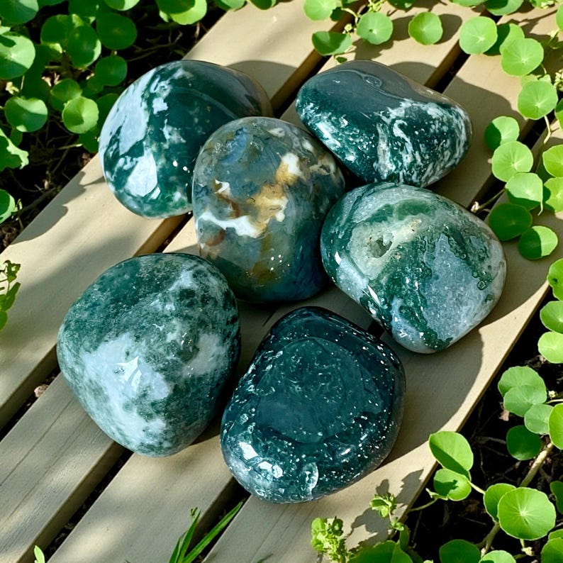 May include: A collection of five polished moss agate stones featuring deep forest green inclusions, translucent white quartz areas, and earthy brown mineral deposits. Each smooth, rounded stone displays unique natural patterns and glossy surfaces.