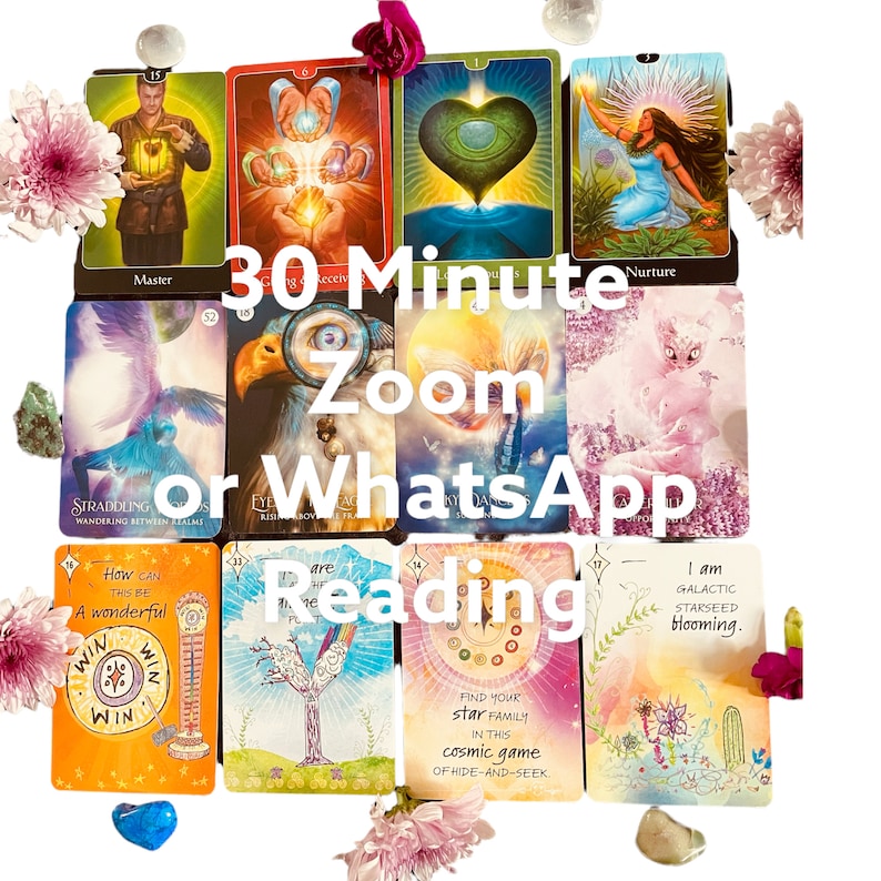 May include: A collage of colorful tarot cards with text that reads "30 Minute Zoom or WhatsApp Reading". The cards feature images of a master, a bird, an eagle, a heart, a woman nurturing, a cat, a tree, a clock, and a cactus.